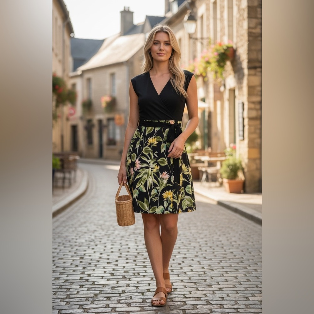Dressbarn Fit Flare Dress 12 | Black Colorblock V-Neck Floral Leaf Party Dress